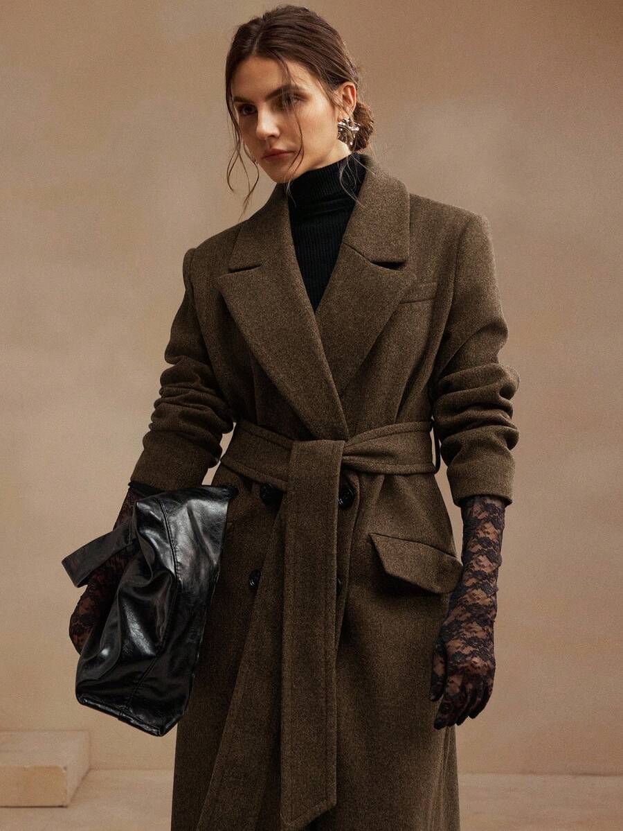 Anewsta Women's Khaki Long Belted Overcoat With Lapel Collar