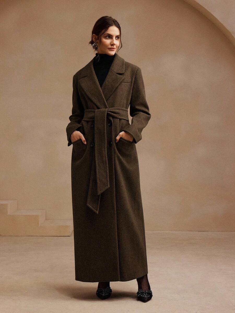 Anewsta Women's Khaki Long Belted Overcoat With Lapel Collar