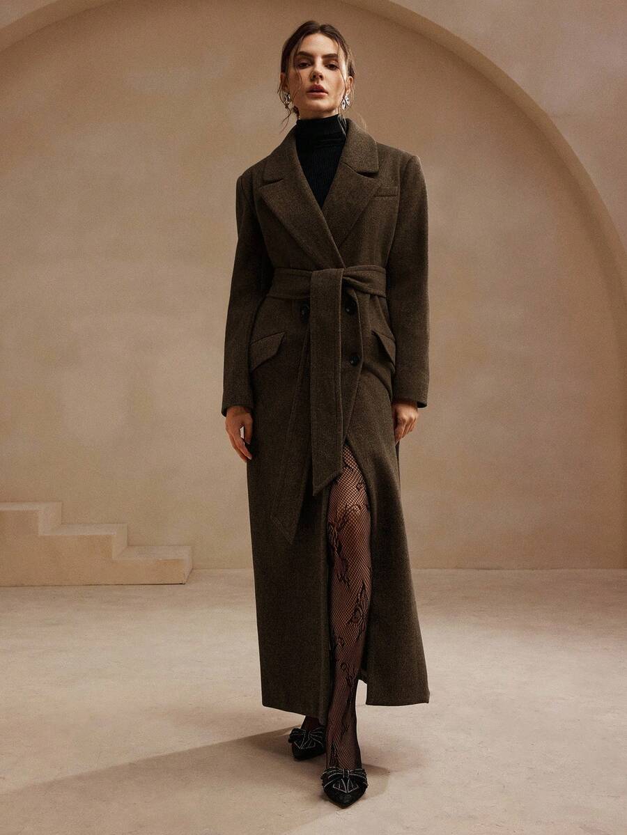 Anewsta Women's Khaki Long Belted Overcoat With Lapel Collar