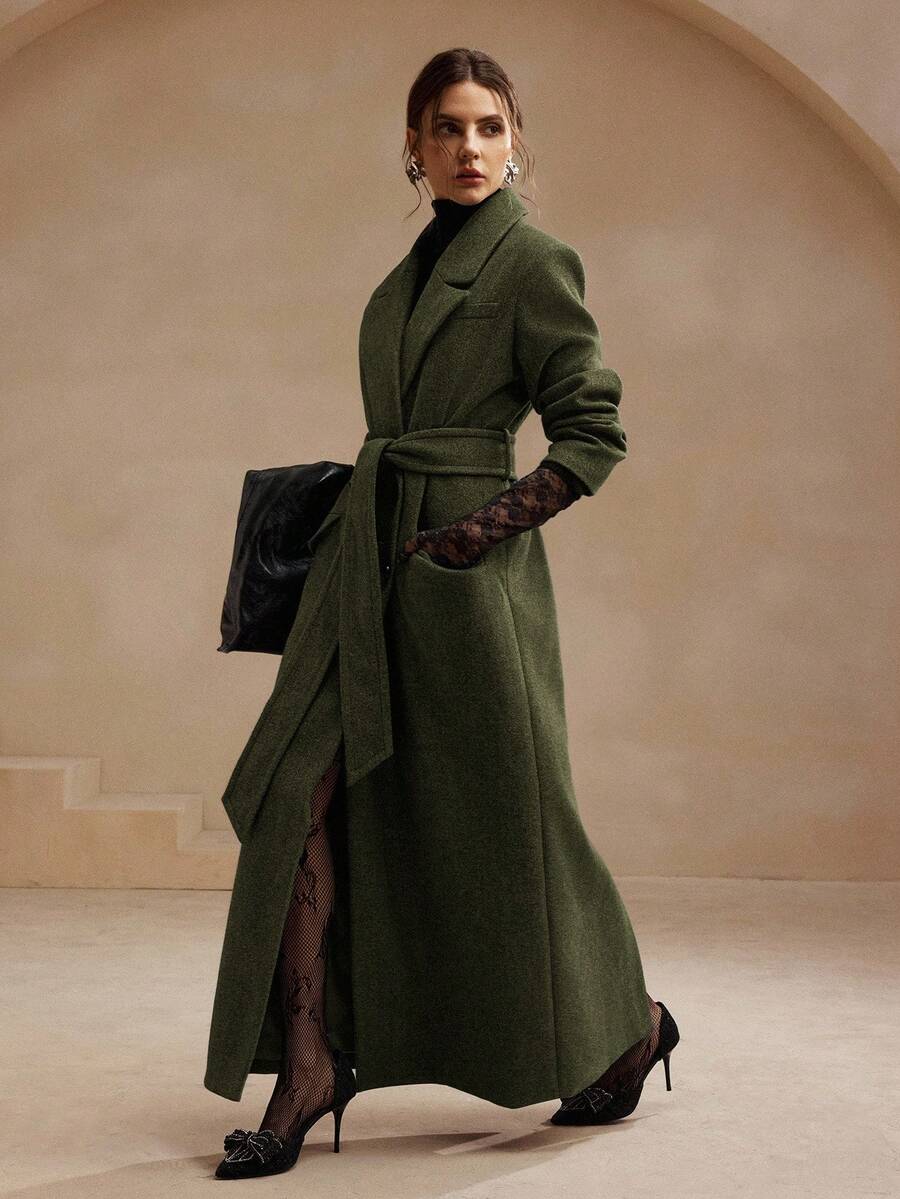 Anewsta Women's Khaki Long Belted Overcoat With Lapel Collar