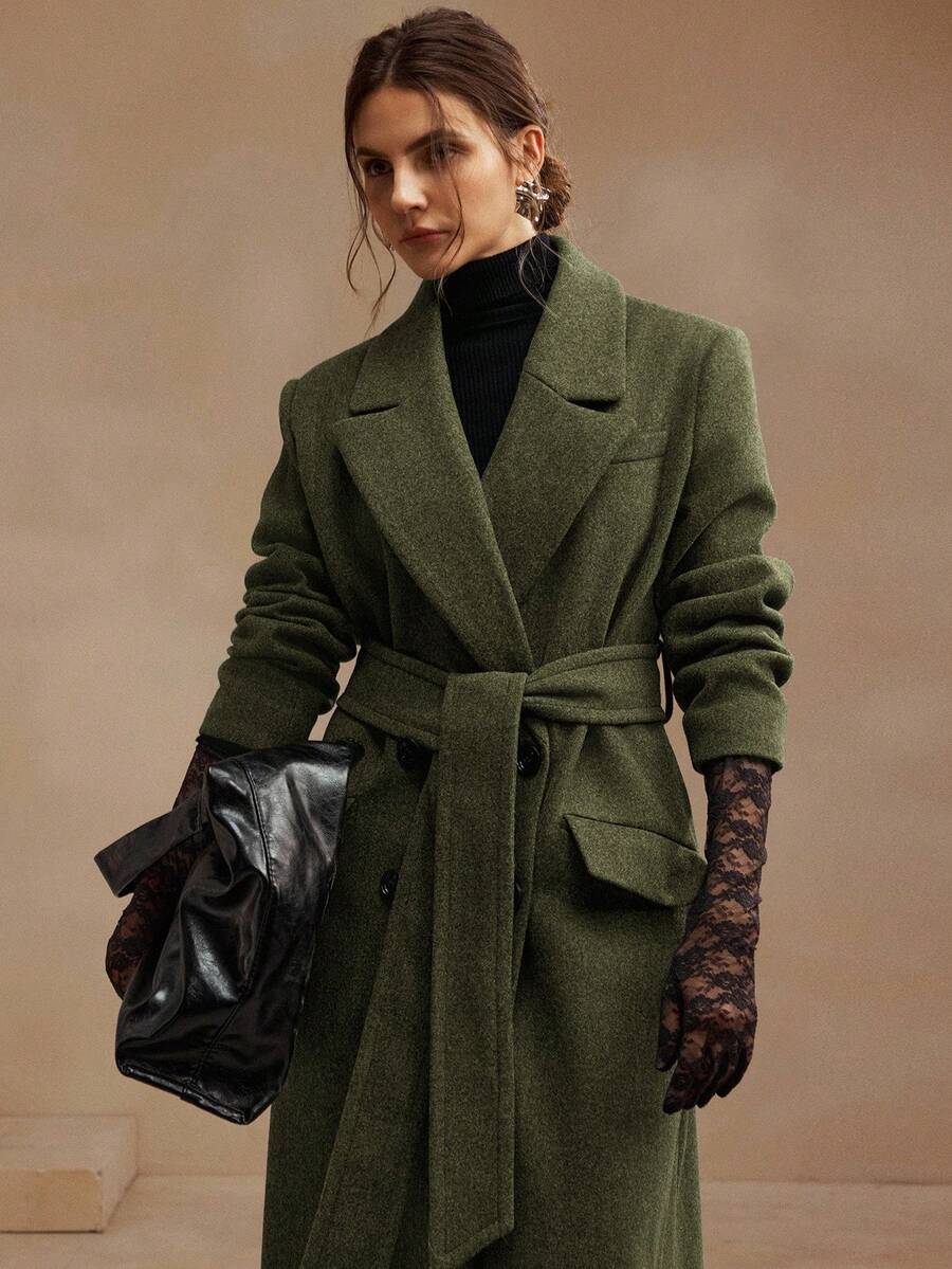 Anewsta Women's Khaki Long Belted Overcoat With Lapel Collar