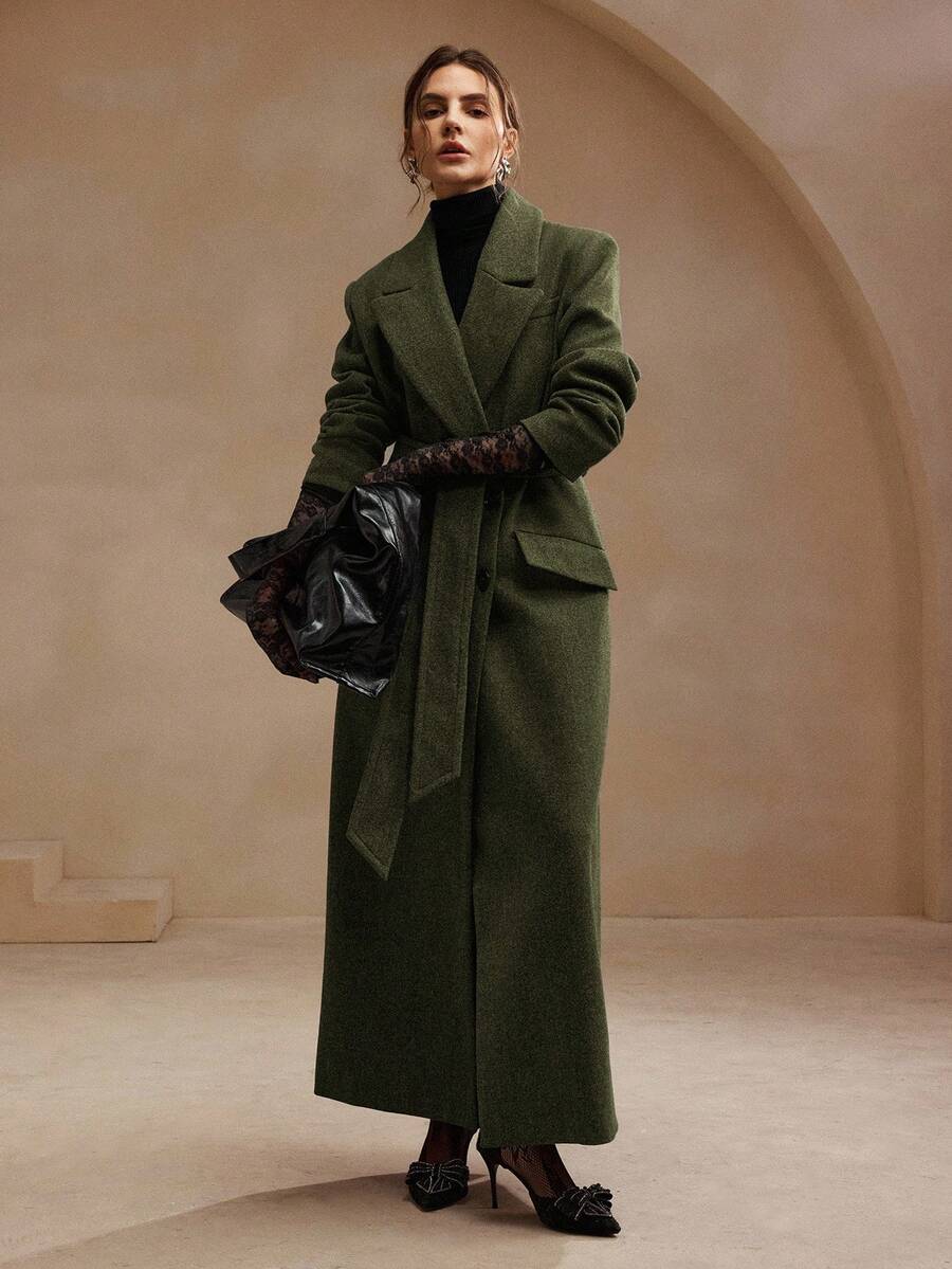 Anewsta Women's Khaki Long Belted Overcoat With Lapel Collar