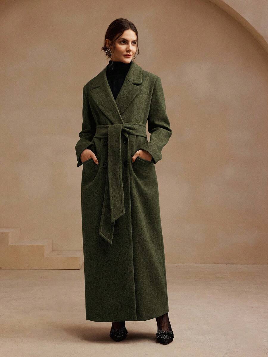 Anewsta Women's Khaki Long Belted Overcoat With Lapel Collar