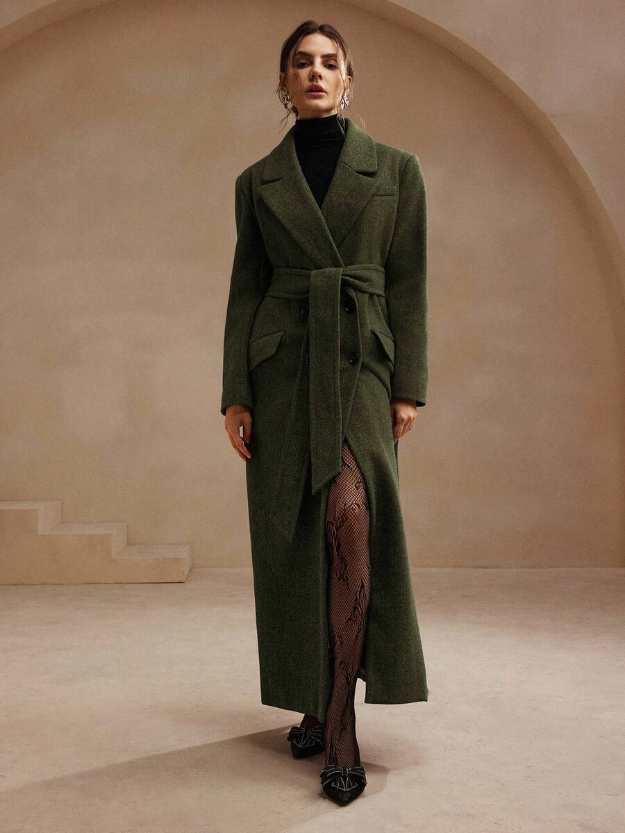 Anewsta Women's Khaki Long Belted Overcoat With Lapel Collar