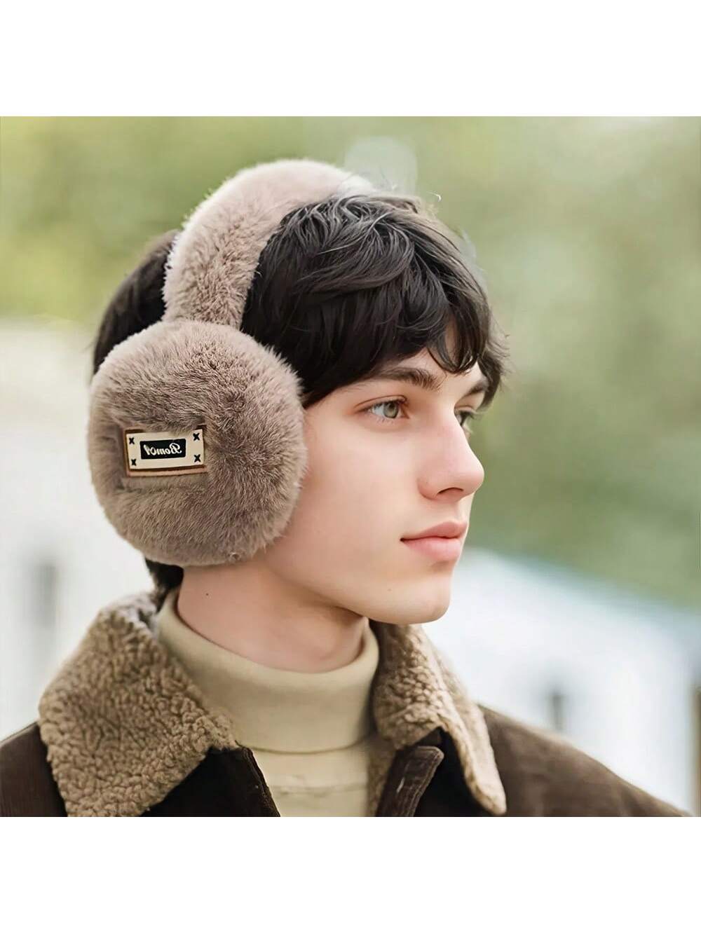 1pc Men's Winter Bohemian Style Polyester Ear Warmer, Knitted Thermal Lined Earmuffs, Modern Minimalist Design, Outdoor Cycling Cold-Proof Ear Covers