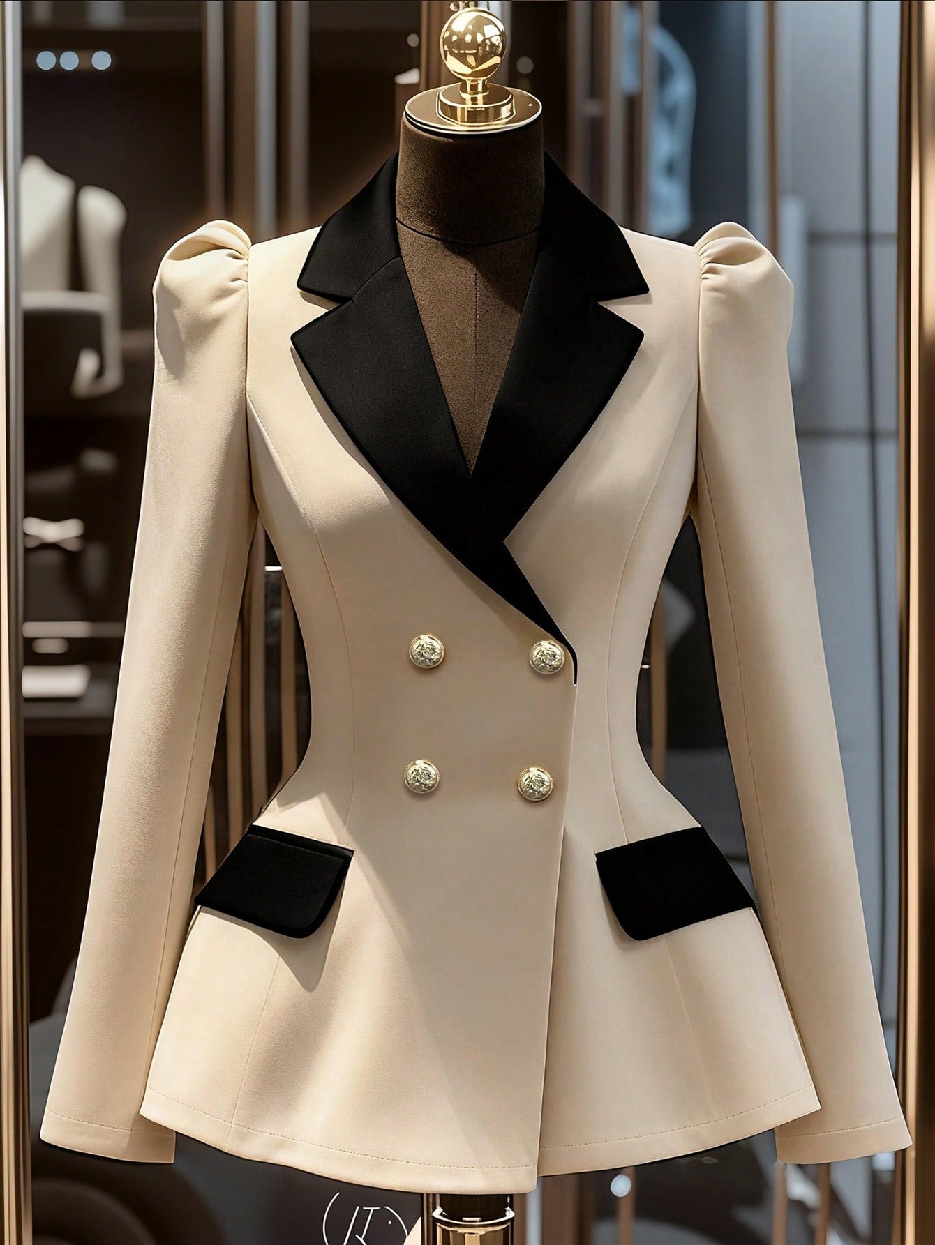 GlowEve Women's Apricot And Black Color Block V-Neck Blazer With Waist Cinching Design, Long Sleeve, Elegant Professional Attire Suitable For Independence Day, Cyber Monday, Halloween, Singles' Day, Back To School Parties, Holiday Parties, Christmas Eve,
