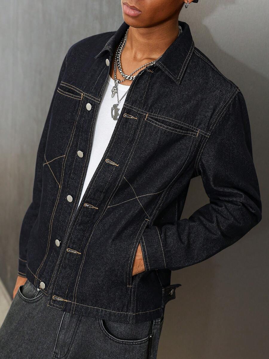 Manfinity Homme Men's Distressed Long Sleeve Denim Jacket, Dark Cotton Plain Black Party Grunge Rapper Going Out Vacation National Park Urban Gym, For Fall