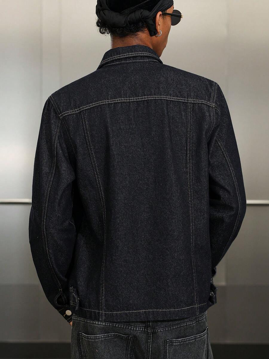 Manfinity Homme Men's Distressed Long Sleeve Denim Jacket, Dark Cotton Plain Black Party Grunge Rapper Going Out Vacation National Park Urban Gym, For Fall