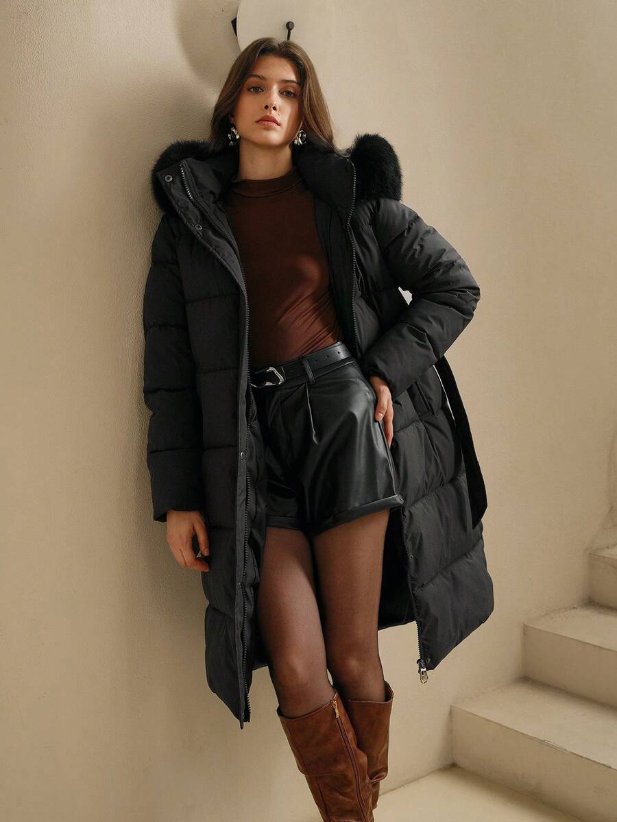 Anewsta Women's Fashionable Casual Coffee Color Long Cinched Waist Waist Hooded Detachable Faux Fur Collar Zip-Up Padded Coat