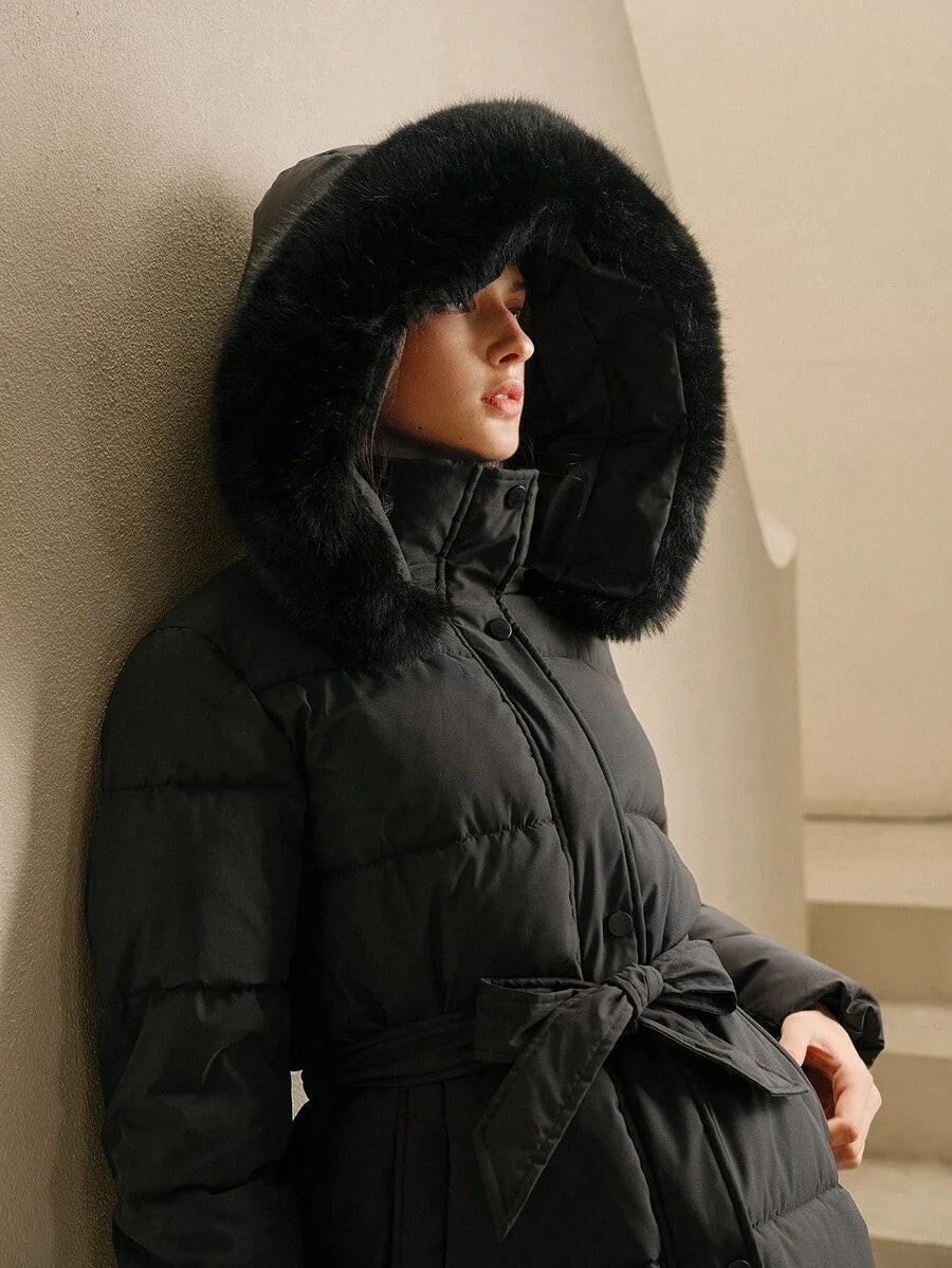 Anewsta Women's Fashionable Casual Coffee Color Long Cinched Waist Waist Hooded Detachable Faux Fur Collar Zip-Up Padded Coat