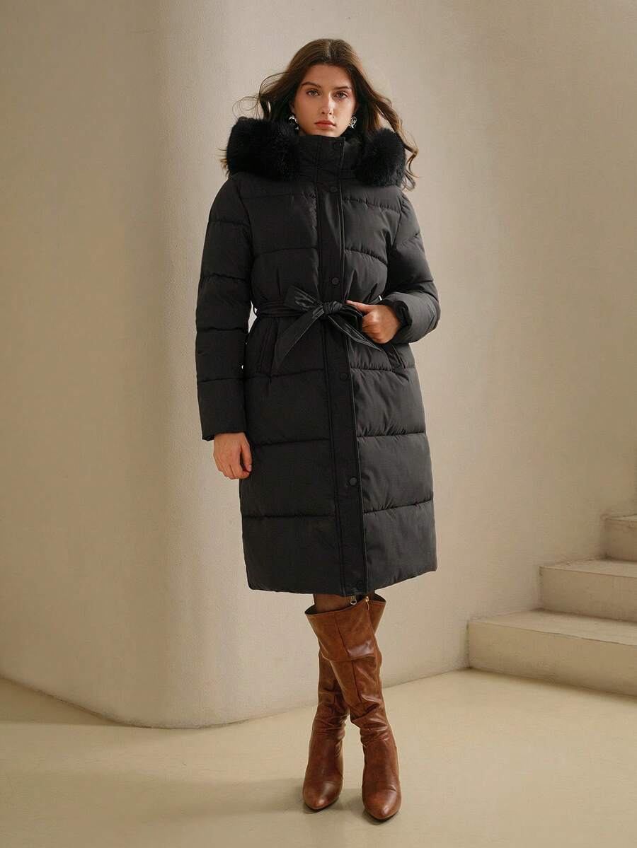 Anewsta Women's Fashionable Casual Coffee Color Long Cinched Waist Waist Hooded Detachable Faux Fur Collar Zip-Up Padded Coat