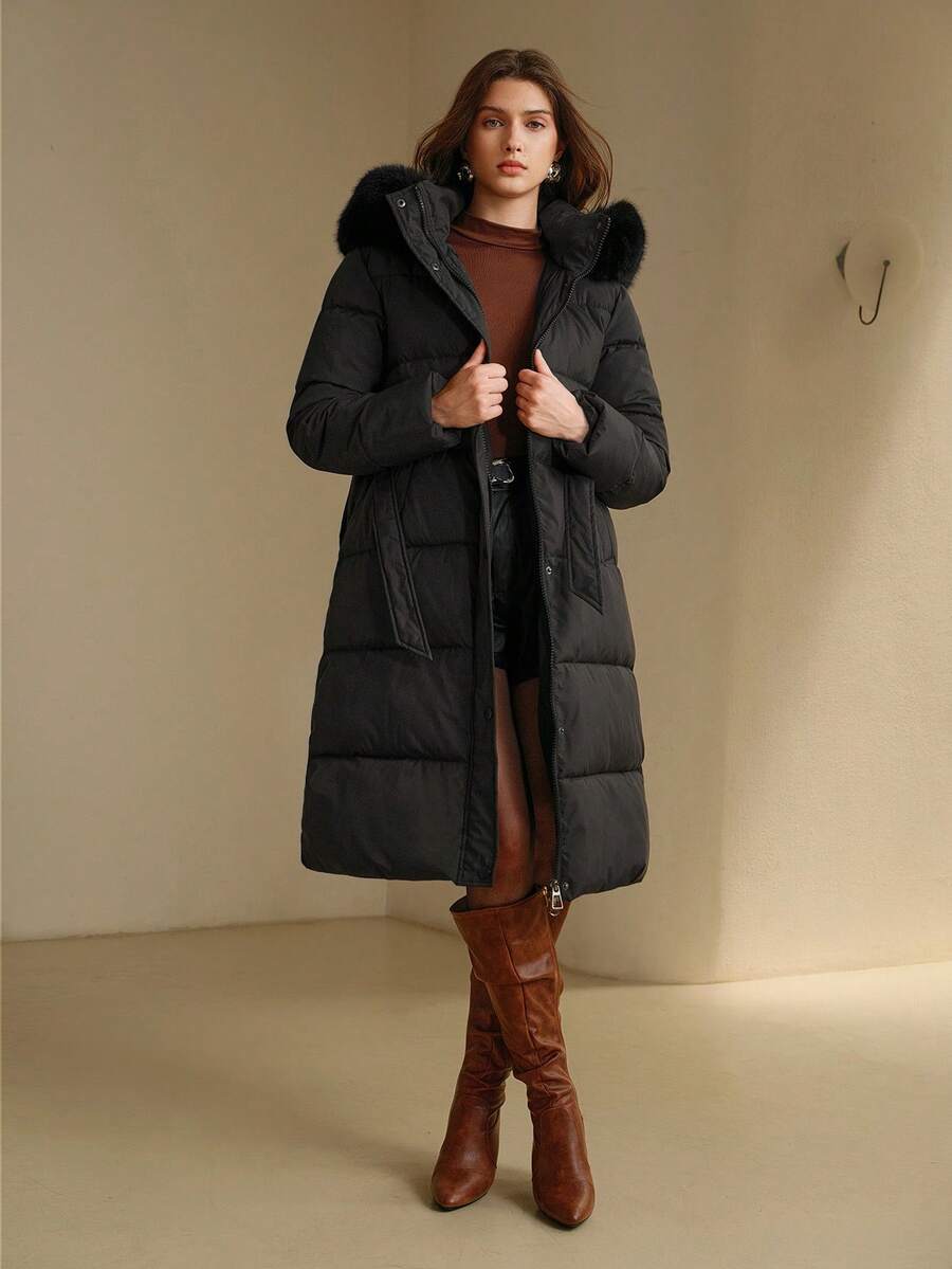 Anewsta Women's Fashionable Casual Coffee Color Long Cinched Waist Waist Hooded Detachable Faux Fur Collar Zip-Up Padded Coat