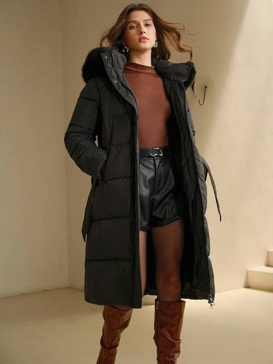 Anewsta Women's Fashionable Casual Coffee Color Long Cinched Waist Waist Hooded Detachable Faux Fur Collar Zip-Up Padded Coat