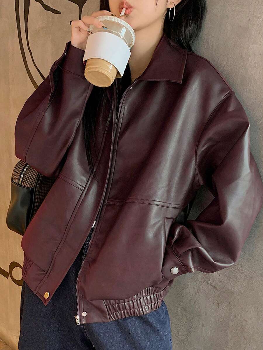 DAZY Women's Solid Color Long Sleeve Zipper Front PU Leather Loose Casual Jacket, Autumn, Fall Women Clothes