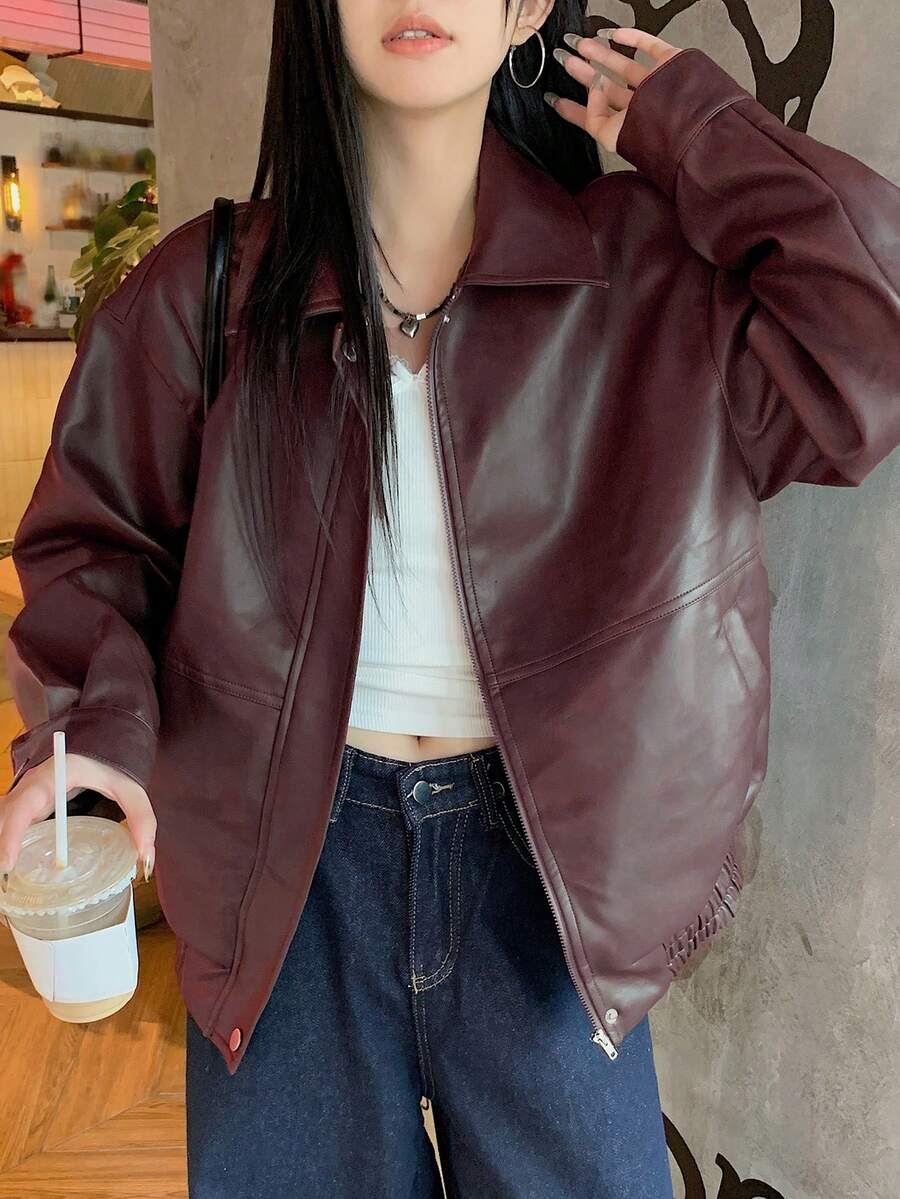 DAZY Women's Solid Color Long Sleeve Zipper Front PU Leather Loose Casual Jacket, Autumn, Fall Women Clothes