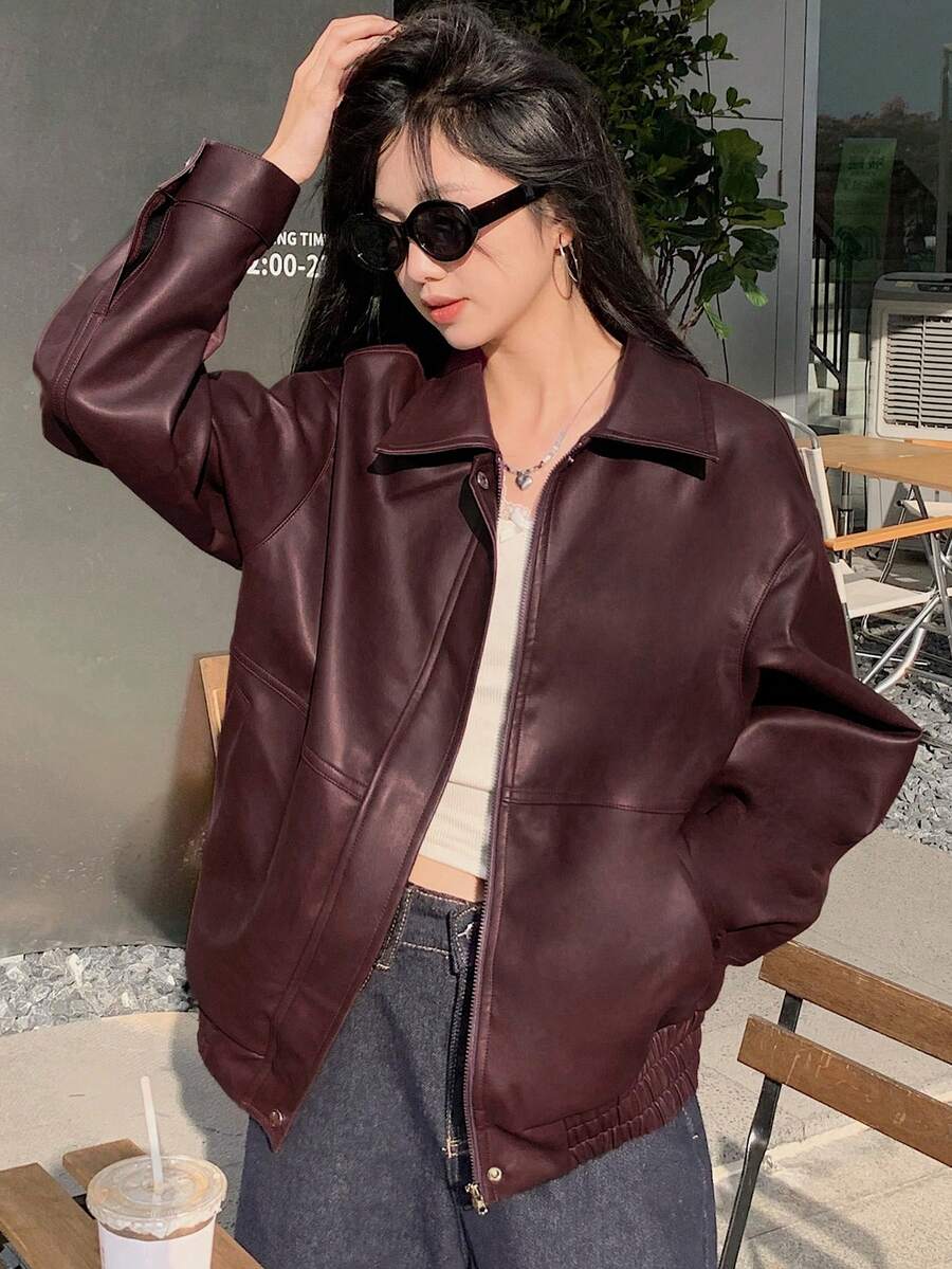 DAZY Women's Casual Solid Color Long Sleeve Loose Zip-Up PU Leather Jacket, Fall Women Clothes