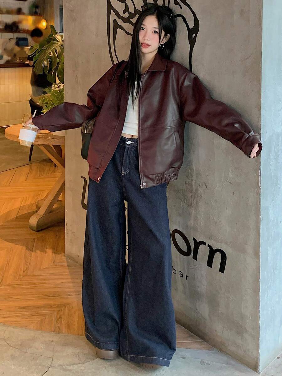 DAZY Women's Solid Color Long Sleeve Zipper Front PU Leather Loose Casual Jacket, Autumn, Fall Women Clothes