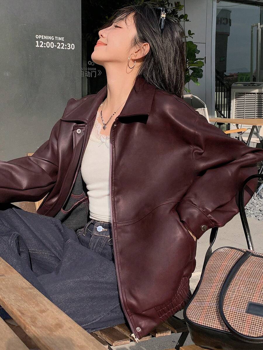 DAZY Women's Casual Solid Color Long Sleeve Loose Zip-Up PU Leather Jacket, Fall Women Clothes