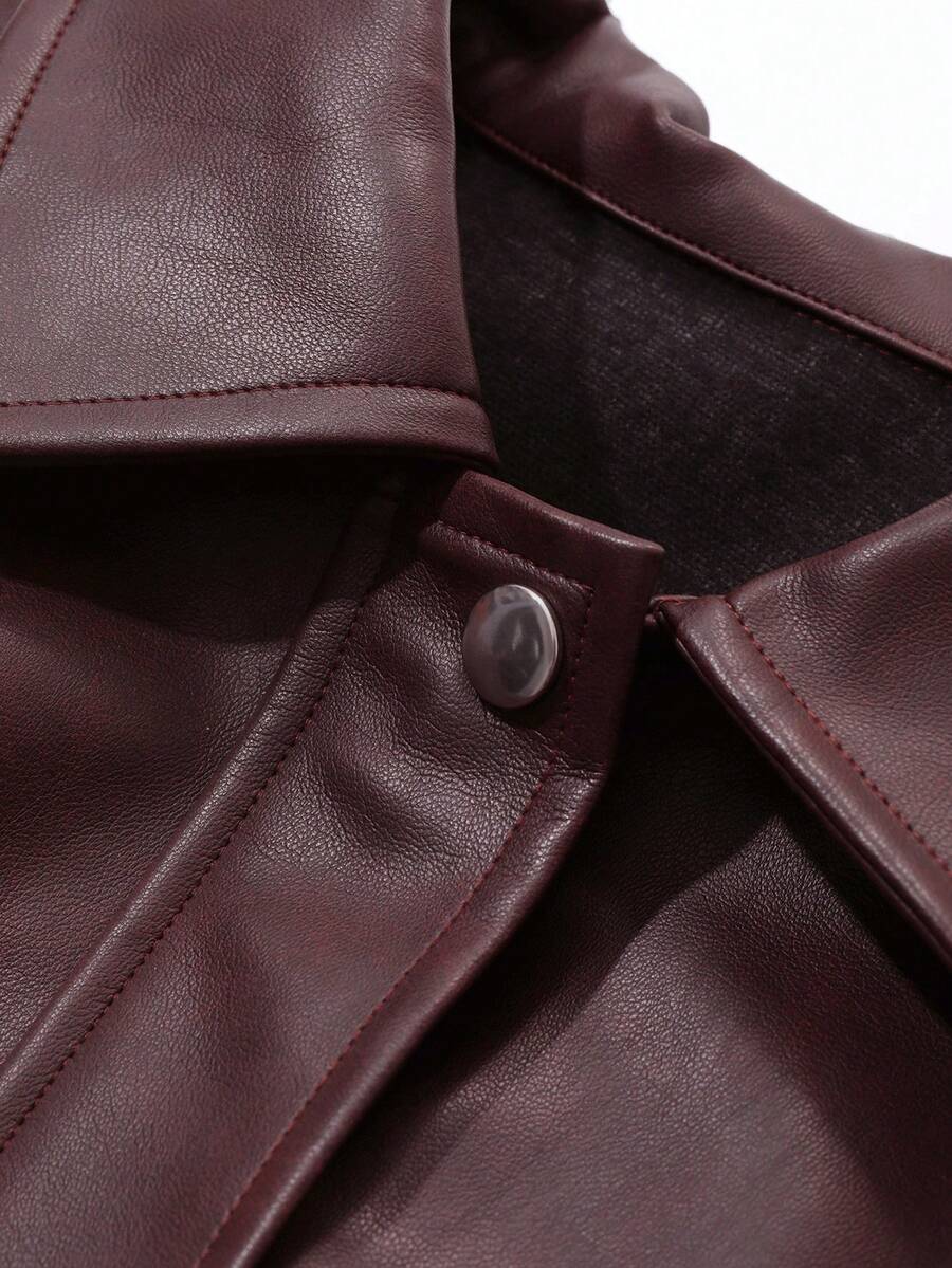 DAZY Women's Casual Solid Color Long Sleeve Loose Zip-Up PU Leather Jacket, Fall Women Clothes