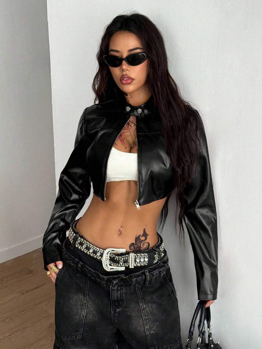 Coolane Women's Fall/Winter Streetwear Coachella Rave Hippie Athleisure Y2K Basic Leather Comfortable Zip Up Burgundy Slim Fit Crop Long Sleeve Jacket
