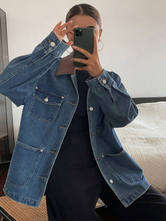 DAZY Color Block Pocket Casual Loose Street Wear Denim Jacket For Women, Autumn/Winter