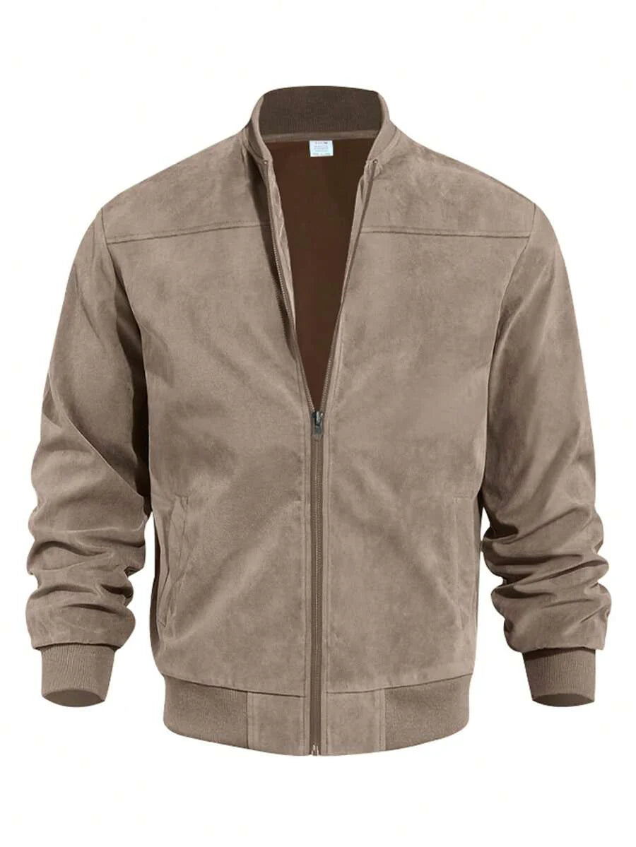 Men's Spring/Autumn Suede Fleece Lightweight Jacket, Comfortable Soft Casual Outerwear, Retro Stand Collar Zip-Up Baseball Jacket, Loose Minimalist Versatile Short Top [Runs Large, Suggest Ordering One Size Down]