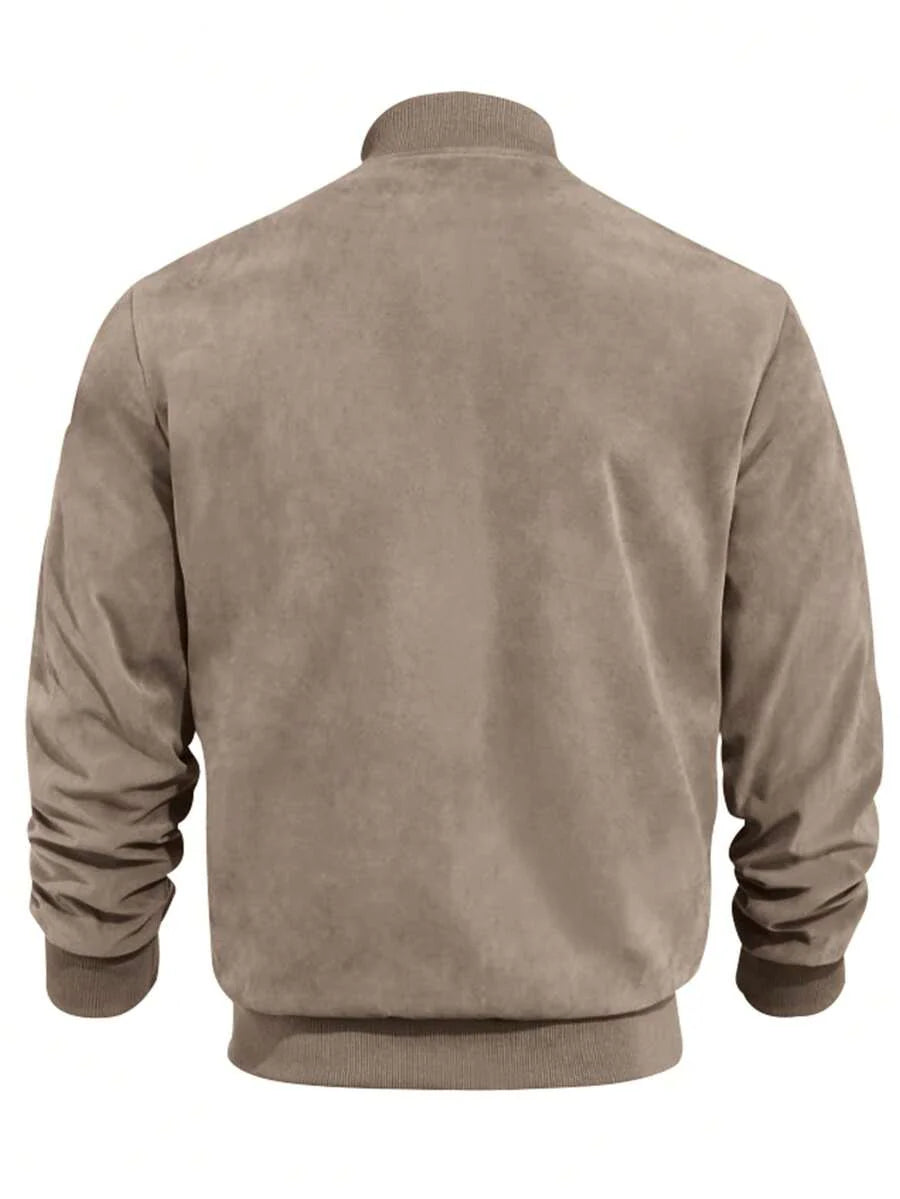 Men's Spring/Autumn Suede Fleece Lightweight Jacket, Comfortable Soft Casual Outerwear, Retro Stand Collar Zipper Baseball Jacket, Loose Minimalist Versatile Short Top [Runs Large, Suggest Ordering One Size Down]