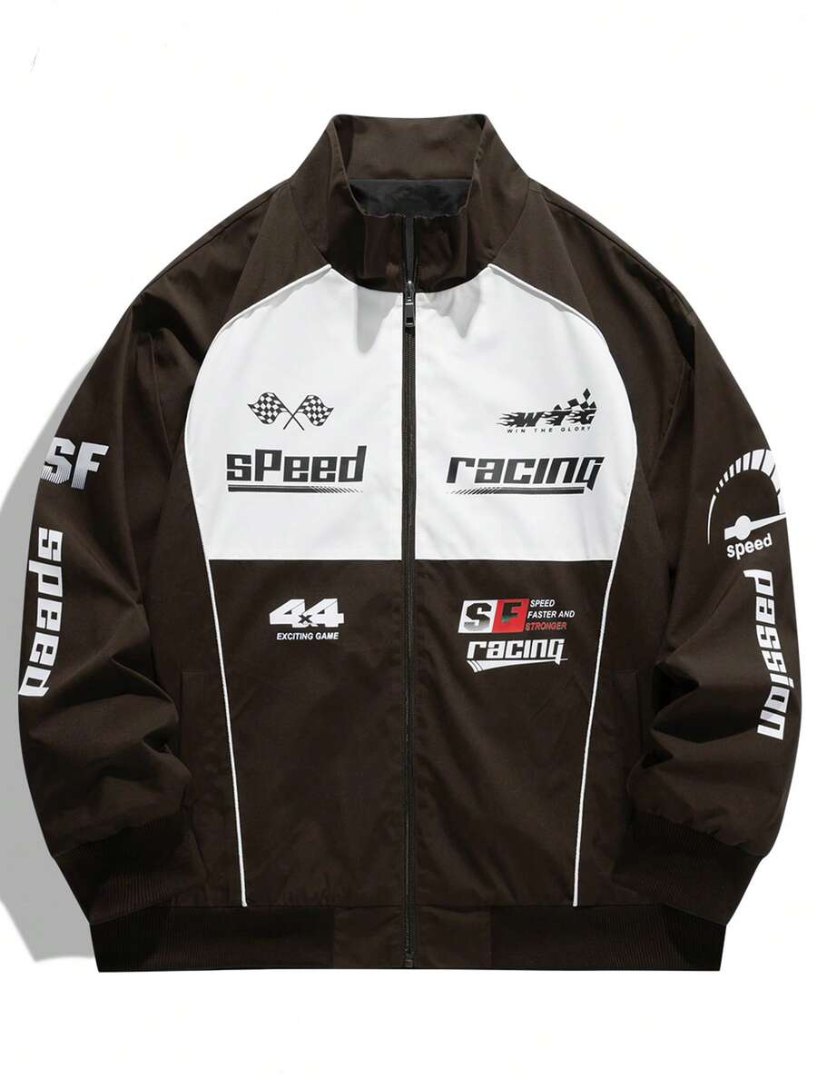 Manfinity EMRG Men's Color-Blocking Zipper Letter Printed Casual Long Sleeve Outdoor Windbreaker Jacket Coat
