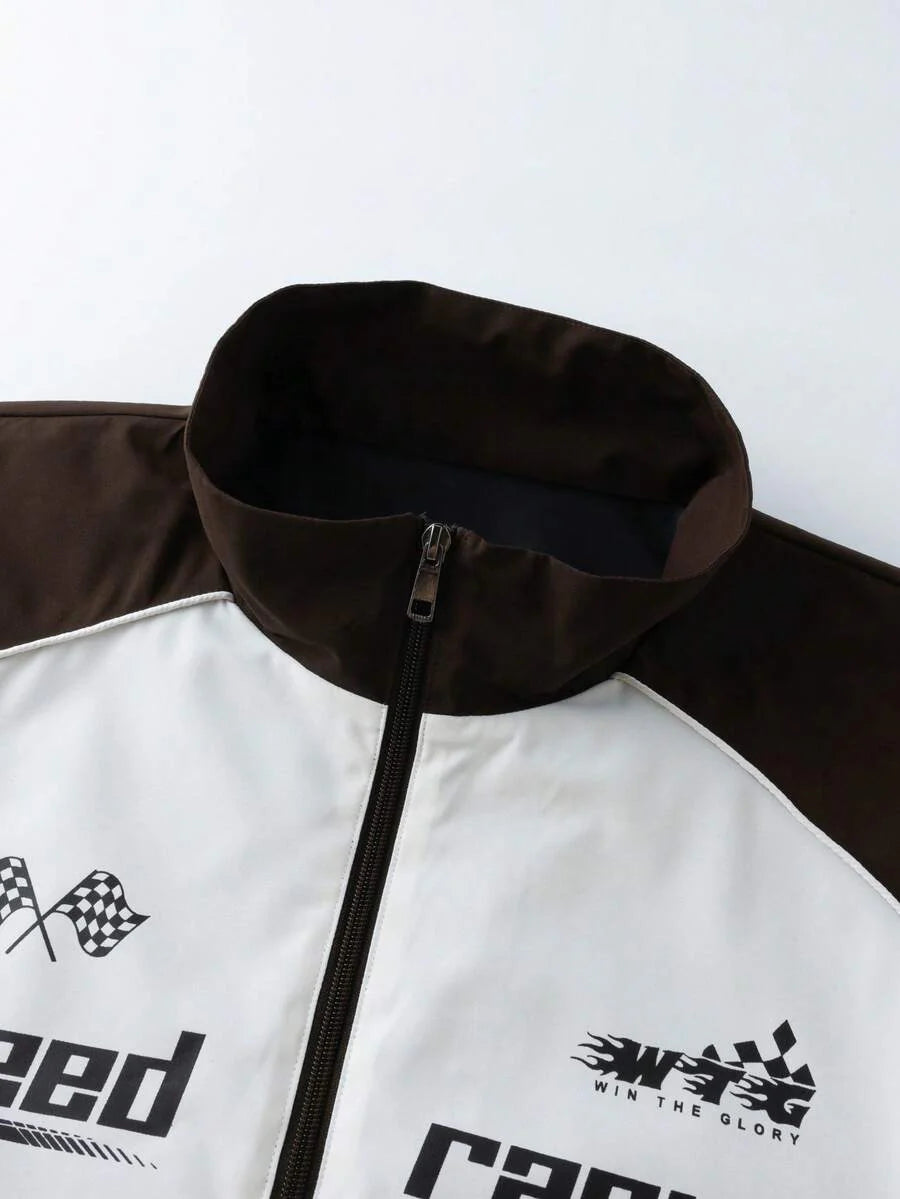 Manfinity EMRG Men's Color-Blocking Zipper Letter Printed Casual Long Sleeve Outdoor Windbreaker Jacket Coat