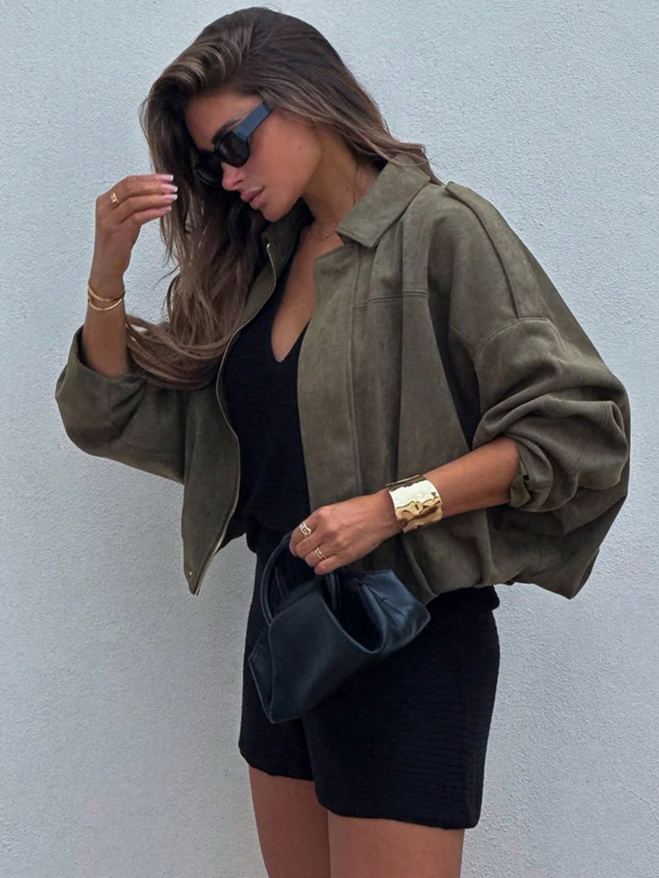 Dirty Martini Green Suede Bomber Jackets Women Long Sleeve Zipper Oversized Jackets Fashion 2025 Fall Winter Casual Streetwear Outwears Christmas Outfit