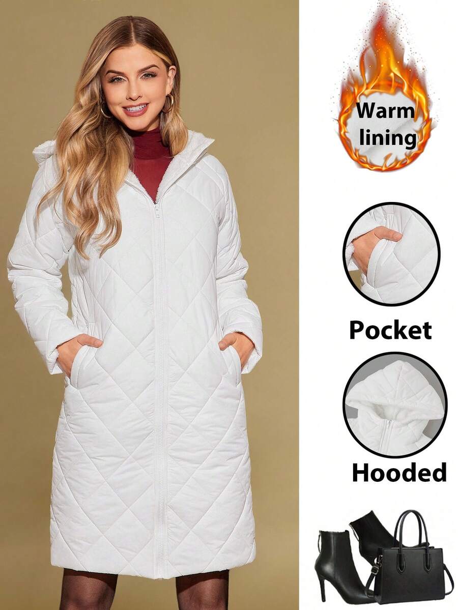 SHEIN Clasi Women Zip Up Hooded Teddy Lined Quilted Coat In Fall/Winter