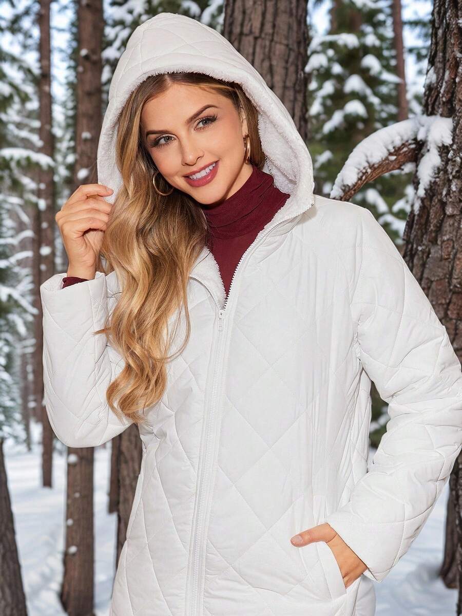 SHEIN Clasi Women Zip Up Hooded Teddy Lined Quilted Coat In Fall/Winter