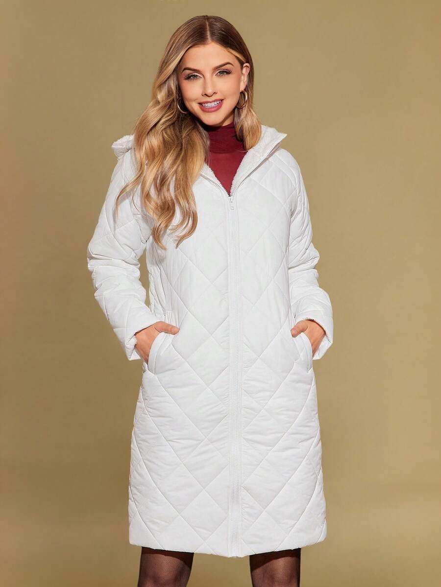 SHEIN Clasi Women Zip Up Hooded Teddy Lined Quilted Coat In Fall/Winter
