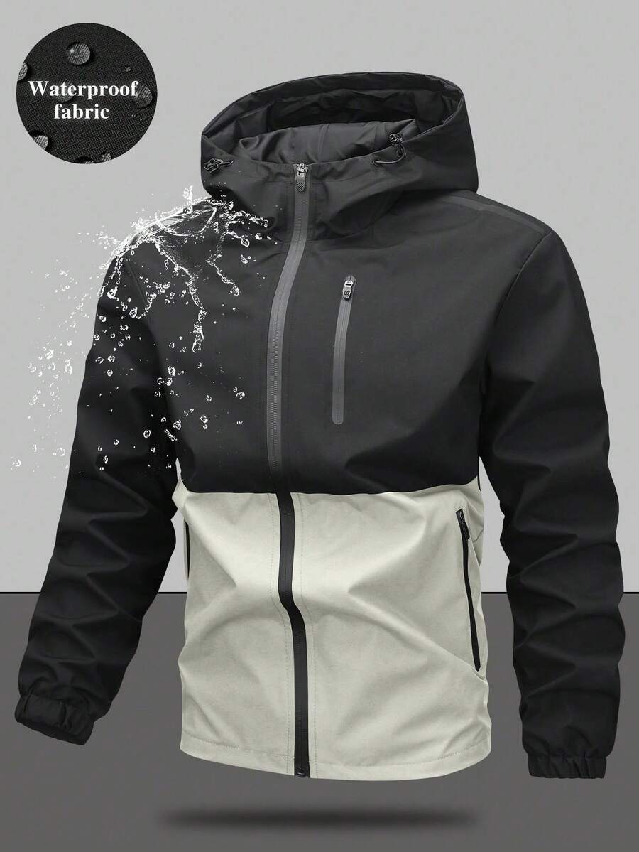 Men's Drawstring Hooded Waterproof Casual Versatile Zip Pocket Windbreaker Jacket, Suitable For Daily Wear