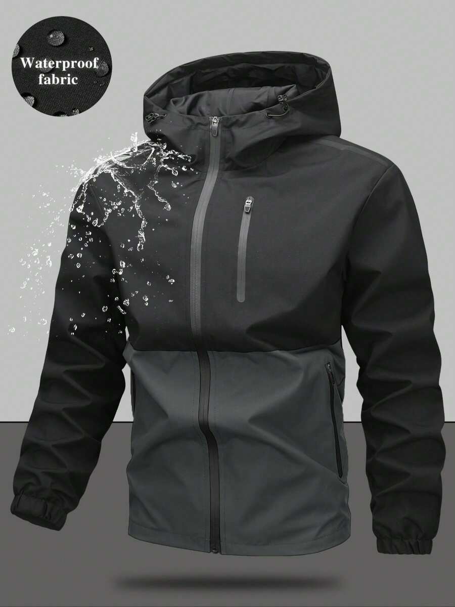Men's Drawstring Hooded Waterproof Casual Versatile Zip Pocket Windbreaker Jacket, Suitable For Daily Wear