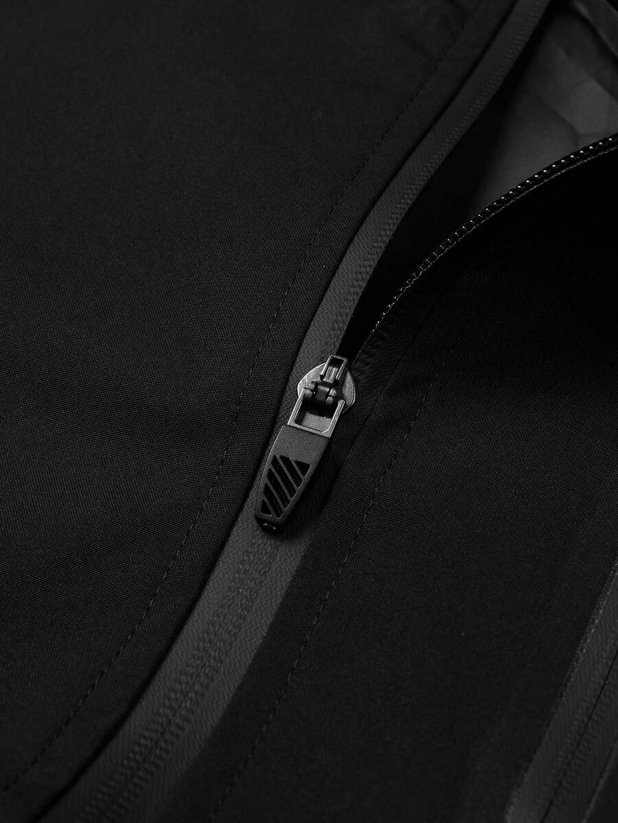 Men's Drawstring Hooded Waterproof Casual Versatile Zip Pocket Windbreaker Jacket, Suitable For Daily Wear