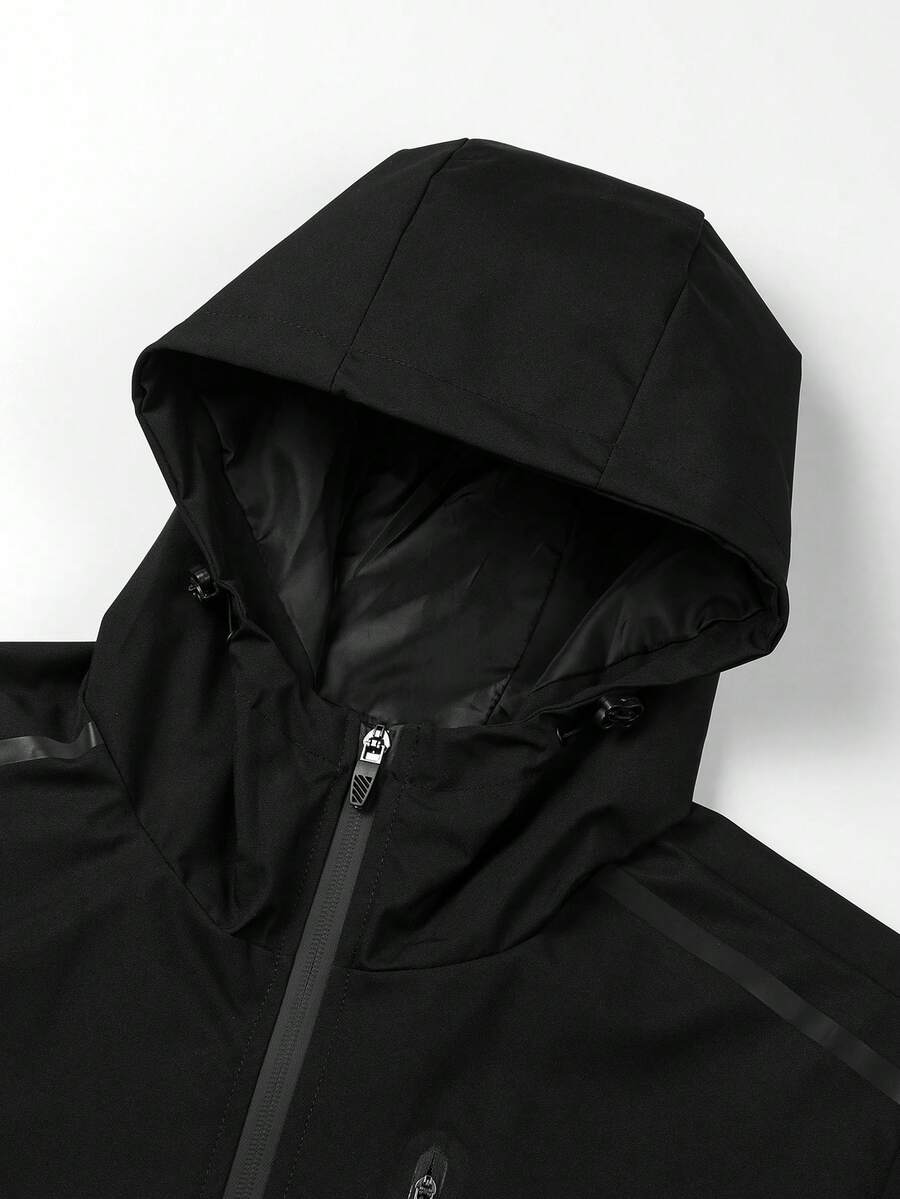 Men's Drawstring Hooded Waterproof Casual Versatile Zip Pocket Windbreaker Jacket, Suitable For Daily Wear