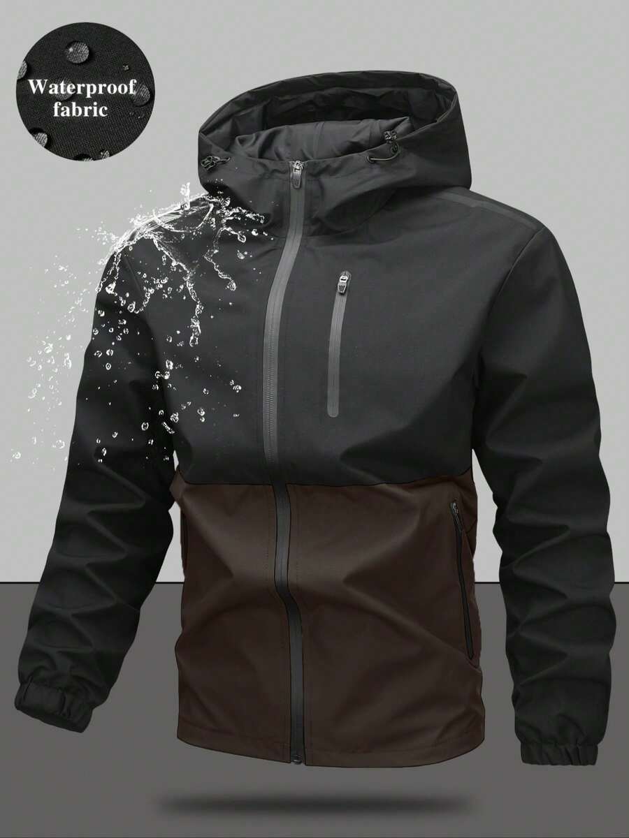 Men's Drawstring Hooded Waterproof Casual Versatile Zip Pocket Windbreaker Jacket, Suitable For Daily Wear