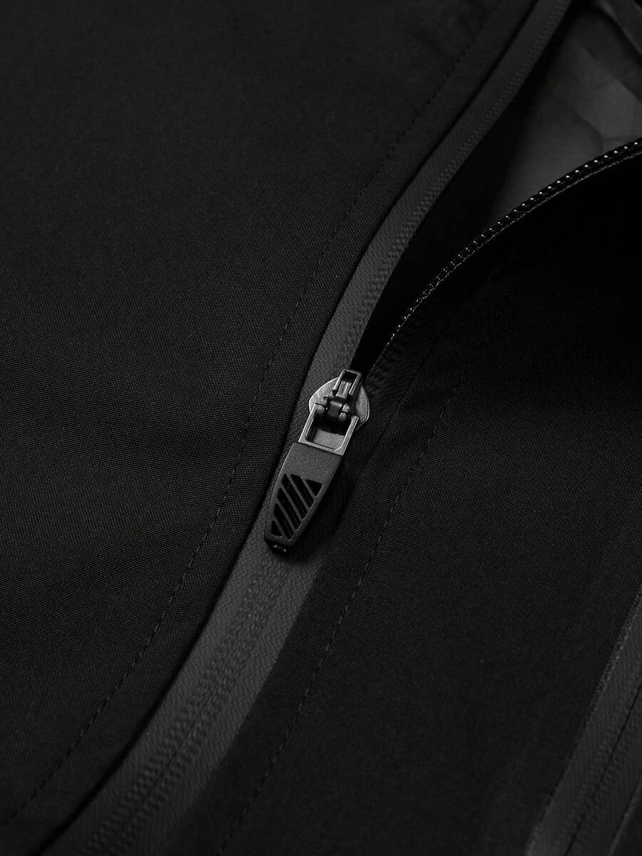 Men's Drawstring Hooded Waterproof Casual Versatile Zip Pocket Windbreaker Jacket, Suitable For Daily Wear