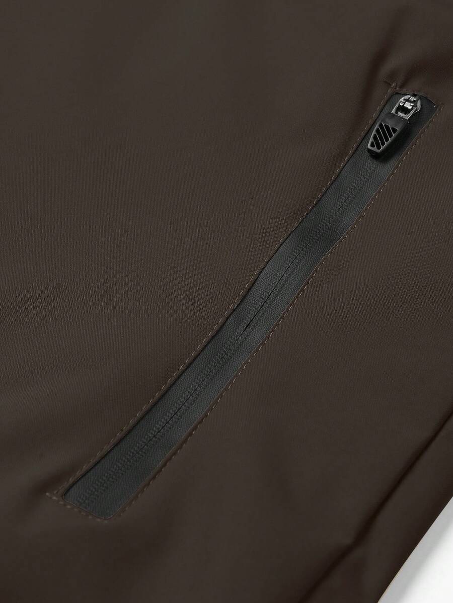 Men's Drawstring Hooded Waterproof Casual Versatile Zip Pocket Windbreaker Jacket, Suitable For Daily Wear
