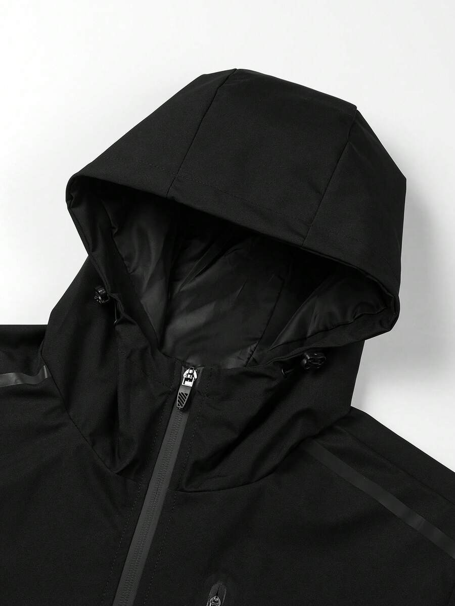 Men's Drawstring Hooded Waterproof Casual Versatile Zip Pocket Windbreaker Jacket, Suitable For Daily Wear
