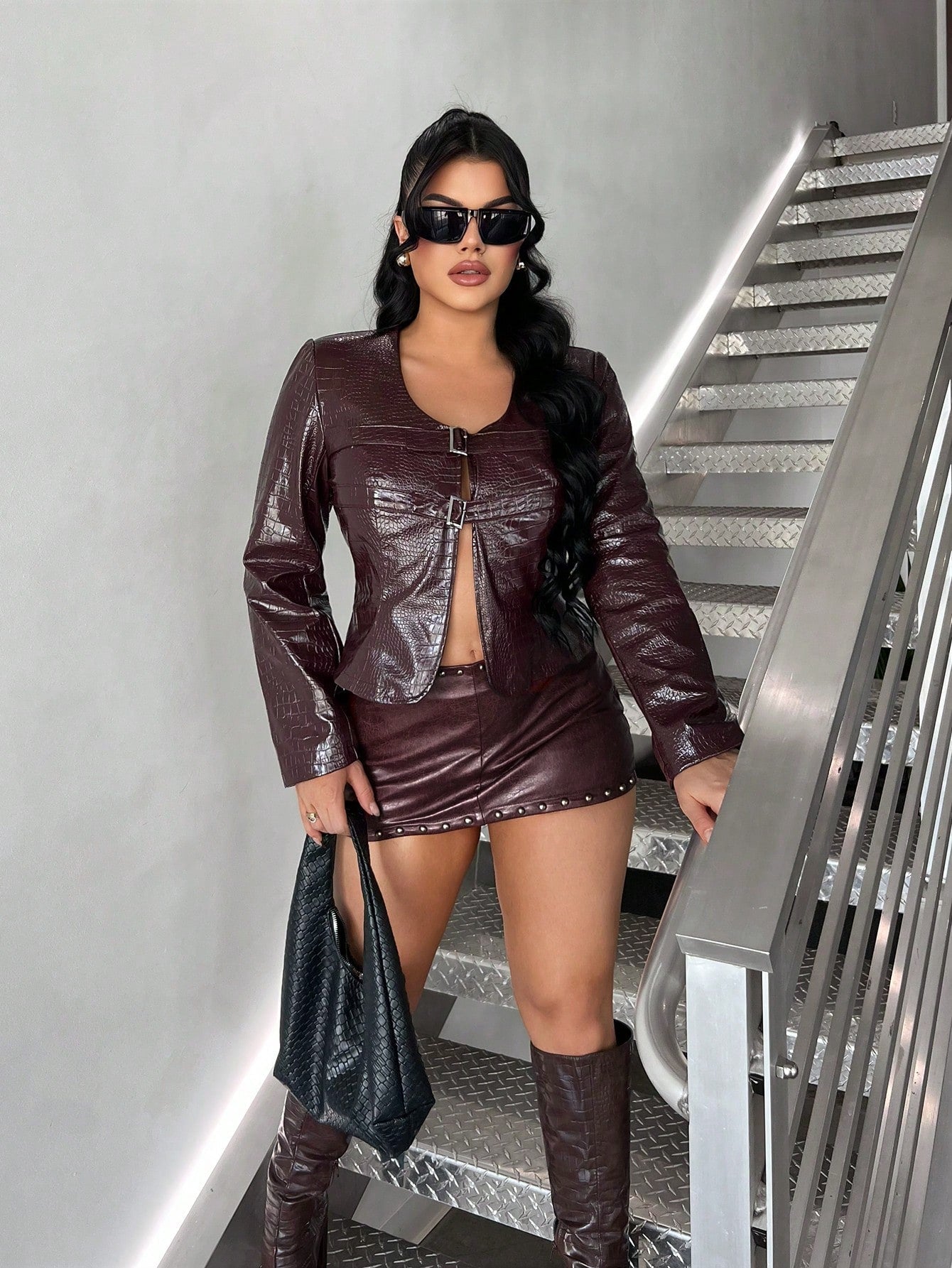 SHEIN SXY Double-Breasted Burgundy Leather Jacket, Autumn/Winter, Fall, Winter, Christmas, Streetwear, Y2K