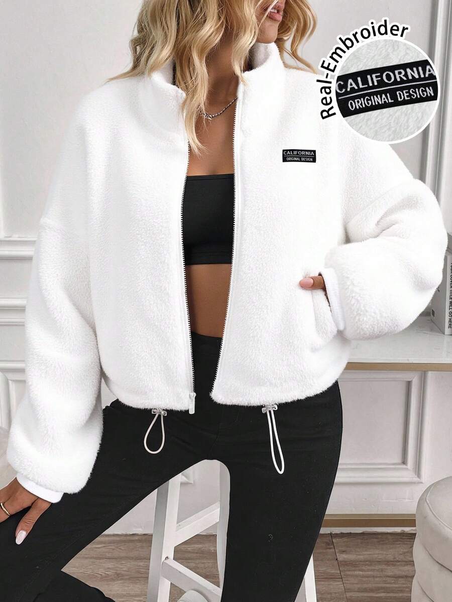SHEIN LUNE Women's Casual Minimalist Black Reversible Fleece Zip-Up Drawstring Long Sleeve Crew Neck Sweatshirt Jacket, Suitable For Autumn/Winter,Fall,Fall Clothes For Women