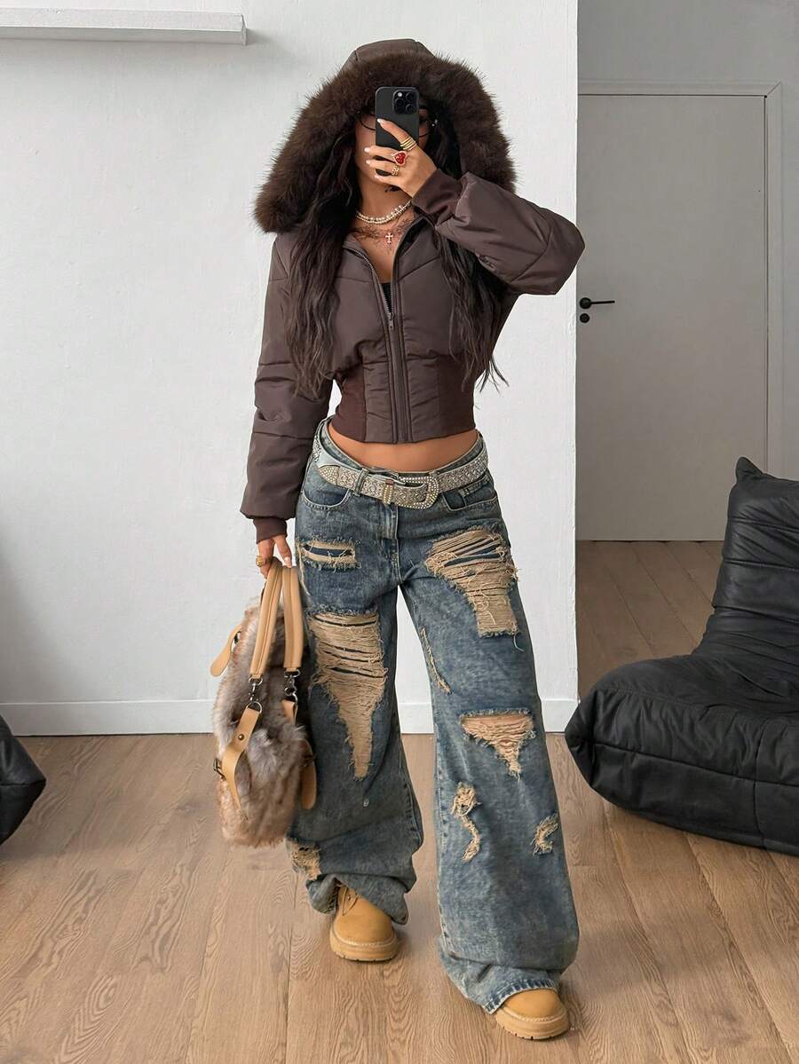 Coolane Women's Winter Streetwear Basic Daily Wear Quilted Coat With Flannelette Hat Brown Warm/ Cold Weather/ Thermal Crop Jacket