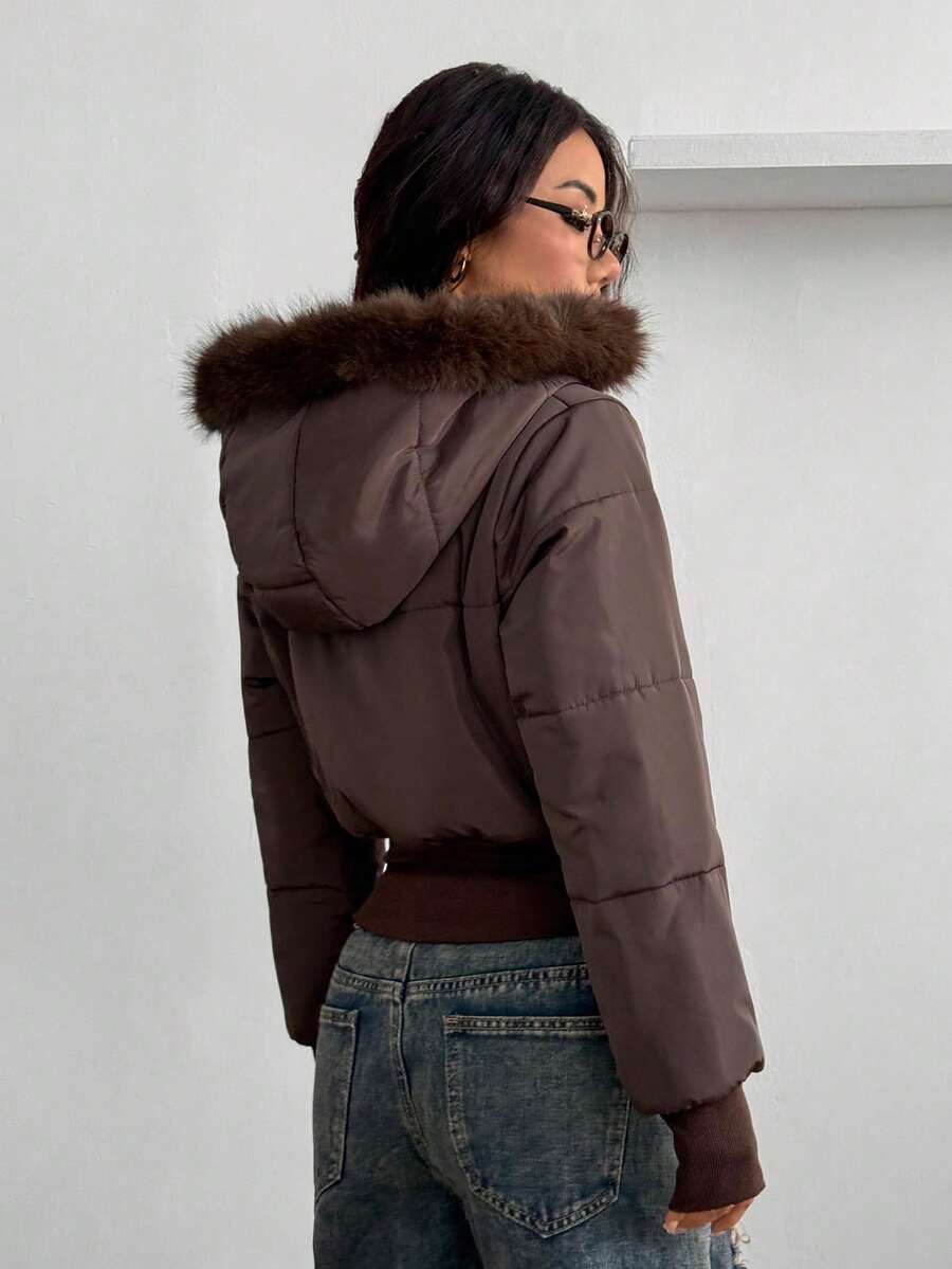 Coolane Women's Winter Streetwear Basic Daily Wear Quilted Coat With Flannelette Hat Brown Warm/ Cold Weather/ Thermal Crop Jacket