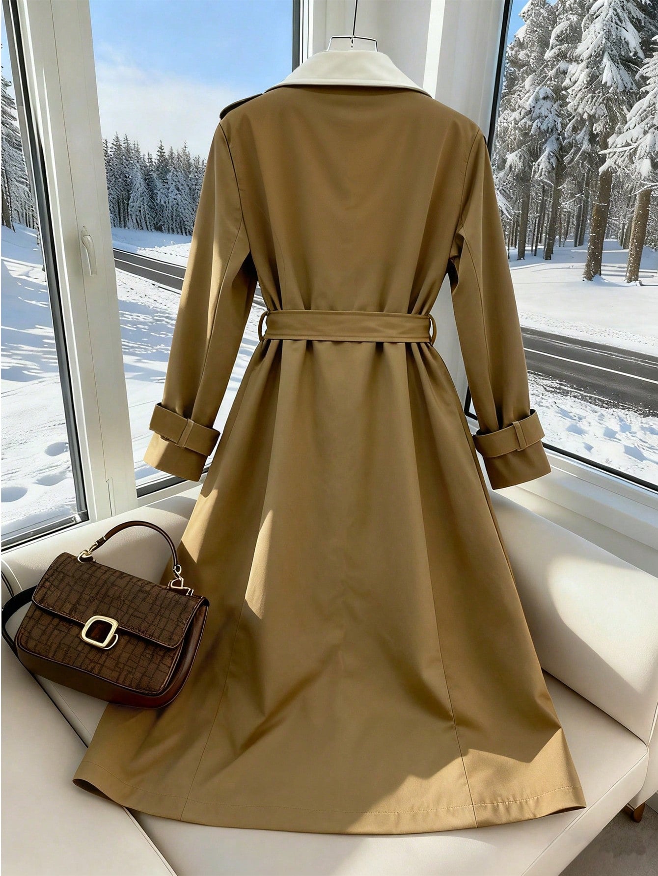 GlowEve Women's Fashion Casual Contrast Color Double-Breasted Belted Trench Coat