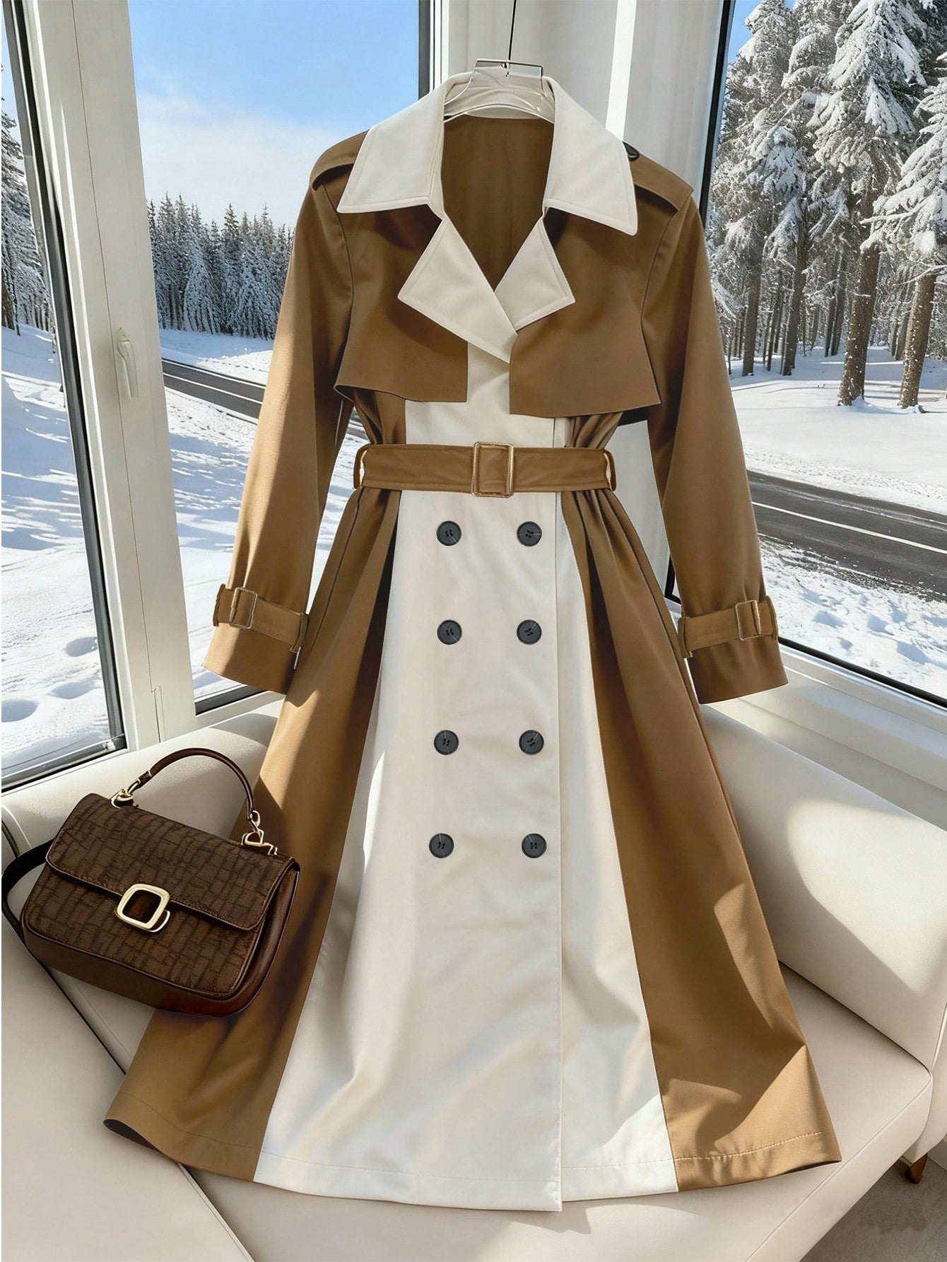 GlowEve Women's Fashion Casual Contrast Color Double-Breasted Belted Trench Coat