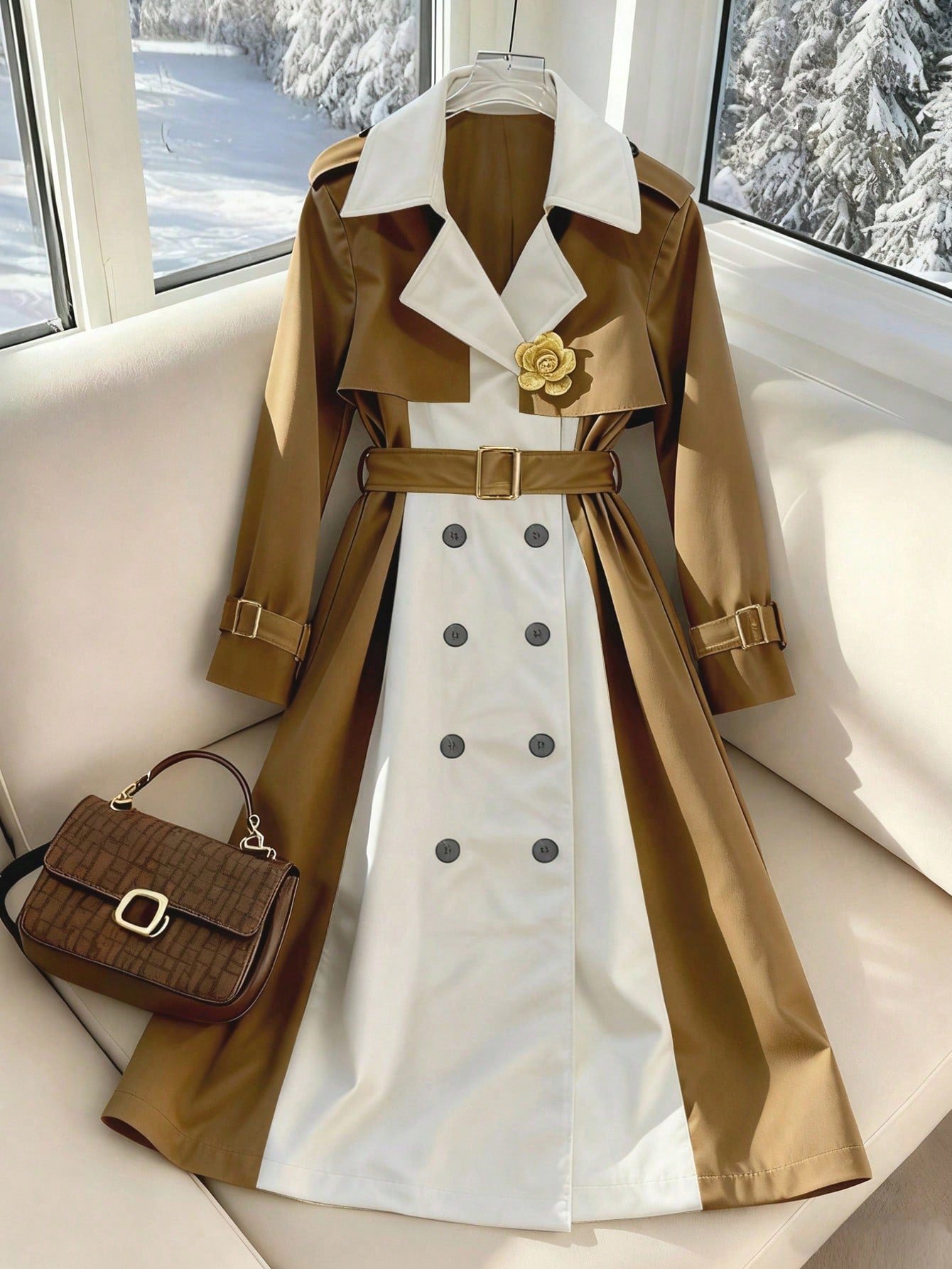 GlowEve Women's Fashion Casual Contrast Color Double-Breasted Belted Trench Coat