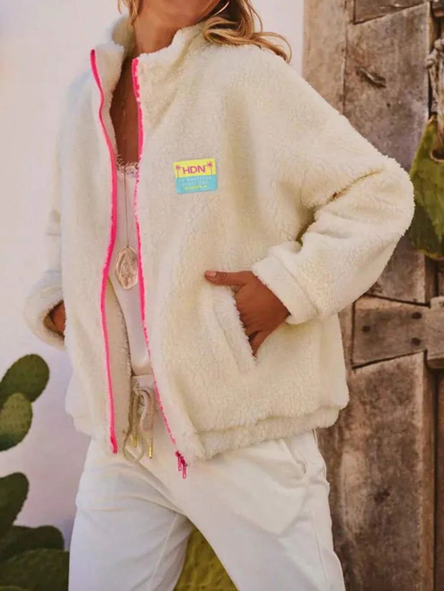 Contrast Color Patchwork Soft Fleece Zipper Hoodie, Casual Wear