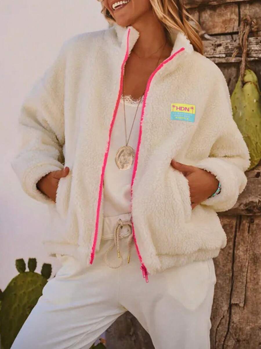 Contrast Color Patchwork Soft Fleece Zipper Hoodie, Casual Wear